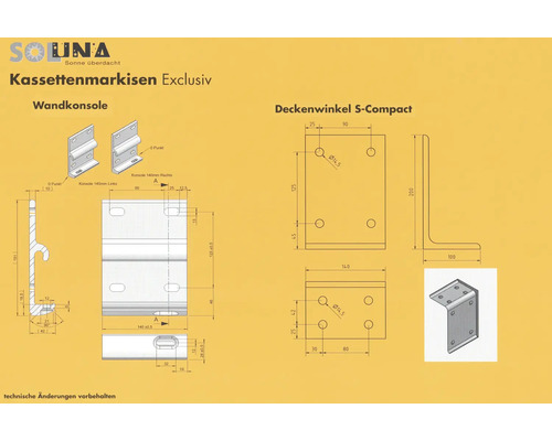 Technische Zeichnung einer Wandkonsole und eines Deckenwinkels S-Compact für Kassettenmarkisen Exclusiv