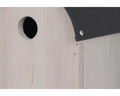 Detailansicht eines Nistkastens aus Holz mit Metalleindeckung und rundem Eingangsloch.