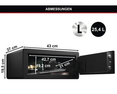 Abbildung des Tresors mit seinen Abmessungen.