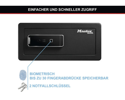 Master Lock Tresor mit biometrischem Schloss zur Aufbewahrung von bis zu 30 Fingerabdrücken und zwei Notschlüsseln