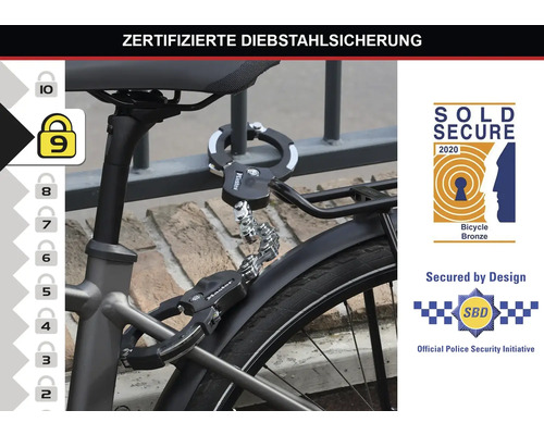 Fahrrad mit montiertem Bügelschloss und Kettenschloss, Sold Secure 2020 Fahrrad Bronze Siegel, Secured by Design Siegel