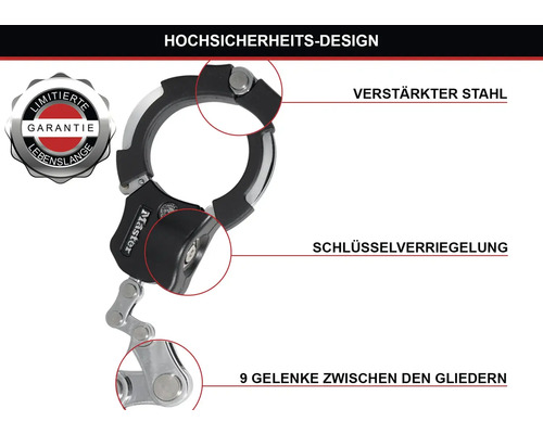 Master Vorhängeschloss mit verstärktem Stahl, Schlüsselverriegelung und neun Gelenken zwischen den Gliedern