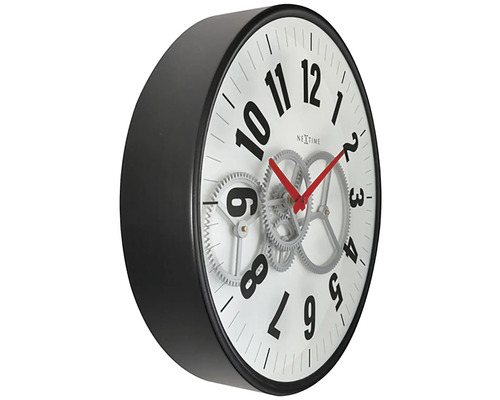 Wanduhr mit sichtbarem Uhrwerk und schwarzem Rahmen