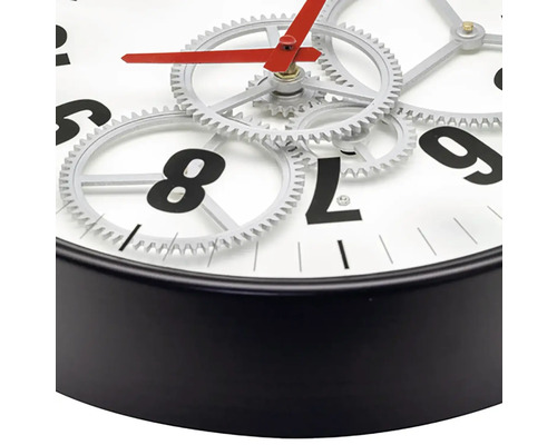 Wanduhr mit offenem Uhrwerk, schwarzem Rahmen und rotem Zeiger