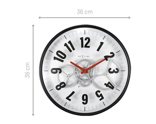 Wanduhr mit einem Durchmesser von 36 cm und sichtbarem Uhrwerk