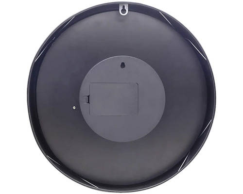 Rückseite einer runden Wanduhr mit Batteriefach und Aufhängevorrichtung