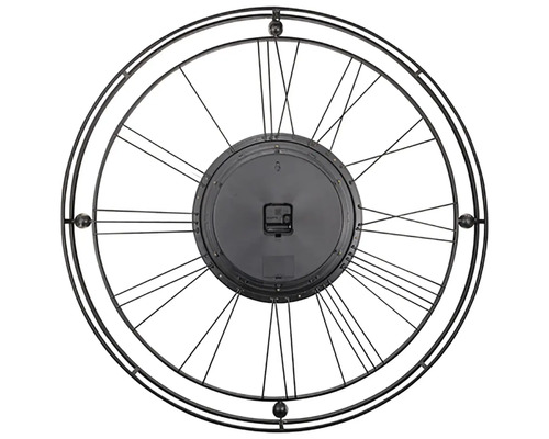 Rückseite einer runden Wanduhr mit römischen Ziffern und Metallrahmen