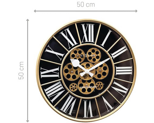 Wanduhr mit römischen Ziffern und Zahnrädern, Durchmesser 50 Zentimeter