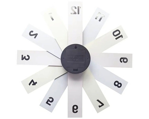 Rückseite einer Wanduhr mit modernem Design und länglichen, weißen Elementen mit schwarzen Ziffern