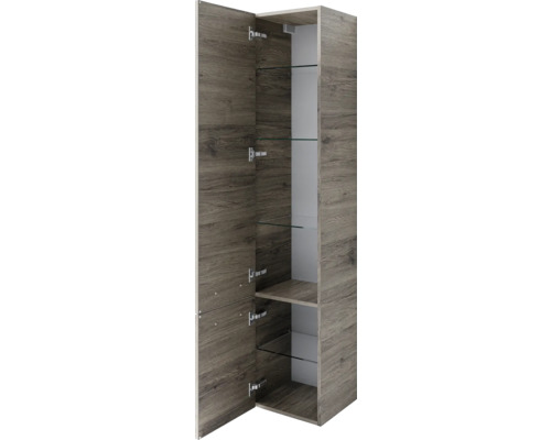 Offener Hochschrank mit Glasböden und Holzoptik