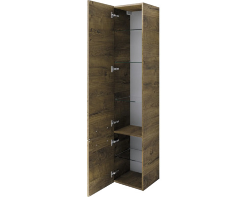 Hochschrank mit offen stehender Tür und Glasböden