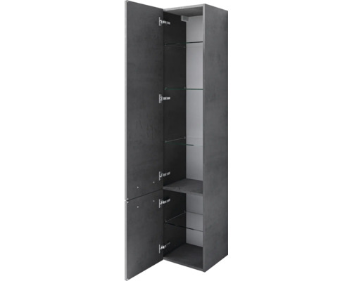 Offener Badezimmerschrank mit Regalböden aus Glas und Tür