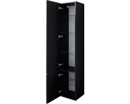 Offener schwarzer Hochschrank mit Glasböden