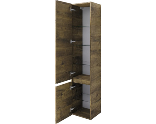 Hochschrank mit Holztür und Glasböden für das Badezimmer