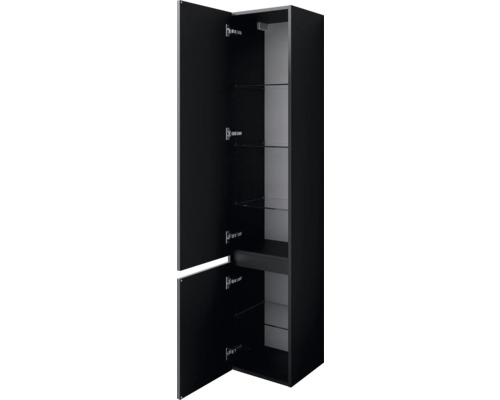Schwarzer Hochschrank mit offenen Türen und Glasböden
