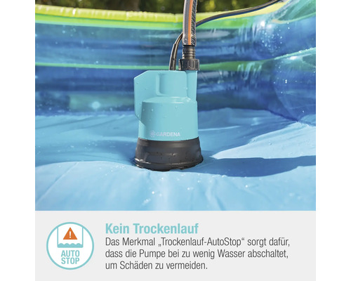 Gardena Schmutzwasserpumpe im Pool mit Auto-Stop Funktion zum Schutz vor Trockenlauf