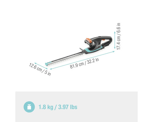 Gardena Akku-Heckenschere mit einer Schnittlänge von 81,9 cm und einem Gewicht von 1,8 kg.