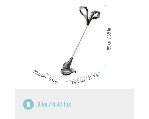 Rasentrimmer mit Maßangaben zur Größe und zum Gewicht