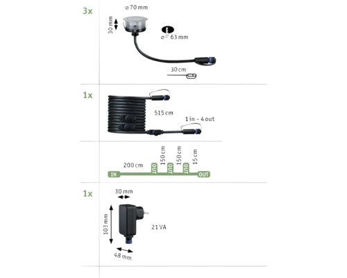 Abbildung der Dimensionen des Bodenstrahler Sets, bestehend aus drei Strahlern, einem Kabel, und einem Transformator.