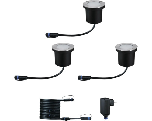 Set mit drei Bodeneinbaustrahlern, Stromkabel und Netzteil für den Aussenbereich