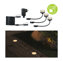 Bodeneinbaustrahler Set mit Trafo, Kabel und drei Leuchten sowie Symbol für Insektenschutz