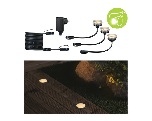 Bodeneinbaustrahler Set mit Trafo, Kabel und drei Leuchten sowie Symbol für Insektenschutz