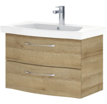 Badmöbel-Set Pelipal Sunline 114 BxHxT 82 x 200 x 46 cm Frontfarbe eiche riviera Badmöbelset 3-teilig mit Waschtisch Keramik weiß und Waschtischunterschrank Spiegelschrank mit LED-Beleuchtung