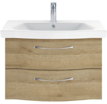 Badmöbel-Set Pelipal Sunline 114 BxHxT 82 x 200 x 46 cm Frontfarbe eiche riviera Badmöbelset 3-teilig mit Waschtisch Keramik weiß und Waschtischunterschrank Spiegelschrank mit LED-Beleuchtung