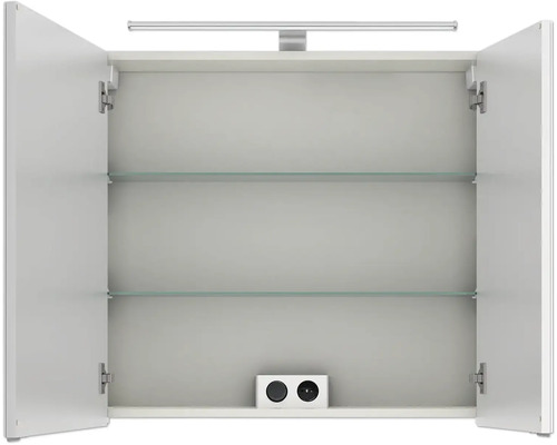 Offener Spiegelschrank mit Glasablagen und Steckdose