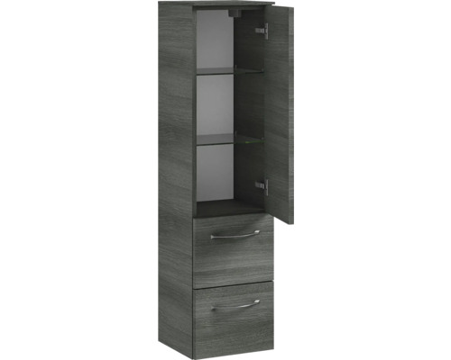 Hochschrank mit zwei Schubladen und offenen Fächern mit Glasböden