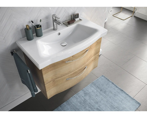 Waschtisch mit Unterschrank und zwei Schubladen im Badezimmer.