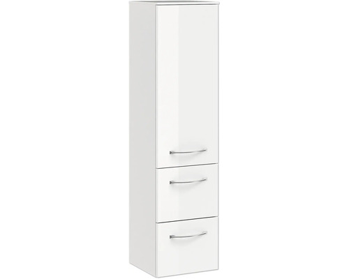 Hochglänzender Badezimmer-Hängeschrank mit drei Schubladen und Griffen.