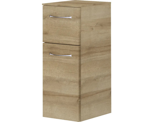 Holzfarbener Badschrank mit zwei Schubladen und Griffen