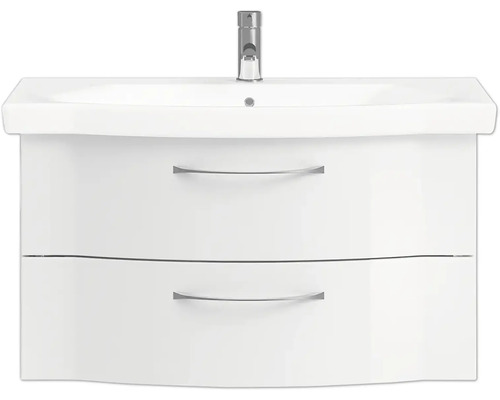 Weißer Waschtischunterschrank mit zwei Schubladen und Aufsatzwaschbecken inklusive Armatur