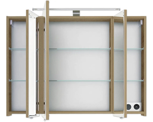 Badezimmerspiegel mit Holzrahmen und Glasablagen