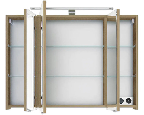 Offener Spiegelschrank mit Glasablagen und Beleuchtung