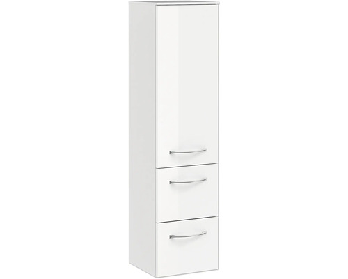 Weißer Hängeschrank mit drei Schubladen und Griffen