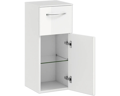 Weißer Hängeschrank mit Schublade, offener Tür und Glasablage