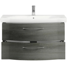 Badmöbel-Set Pelipal Sunline 114 BxHxT 159 x 200 x 51,5 cm Frontfarbe graphit struktur quer Badmöbelset 5-teilig und mehr mit Waschtisch Keramik weiß und Waschtischunterschrank Spiegelschrank mit LED-Beleuchtung Unterschrank Wandschrank