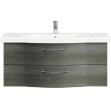 Badmöbel-Set Pelipal Sunline 114 BxHxT 122 x 200 x 51,5 cm Frontfarbe graphit struktur quer Badmöbelset 3-teilig mit Waschtisch Keramik weiß und Waschtischunterschrank Spiegelschrank mit LED-Beleuchtung