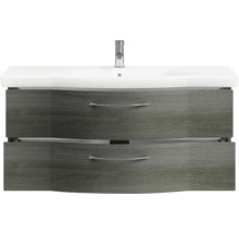 Badmöbel-Set Pelipal Sunline 114 BxHxT 122 x 200 x 51,5 cm Frontfarbe graphit struktur quer Badmöbelset 3-teilig mit Waschtisch Keramik weiß und Waschtischunterschrank Spiegelschrank mit LED-Beleuchtung