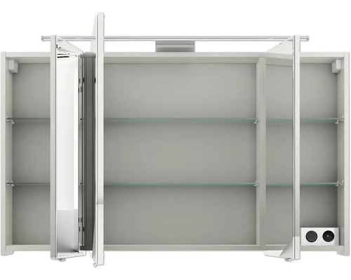 Offener Spiegelschrank mit Glasböden zur Badezimmeraufbewahrung