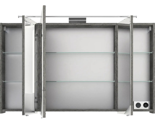 Offener Spiegelschrank mit Glasablagen und Steckdosen