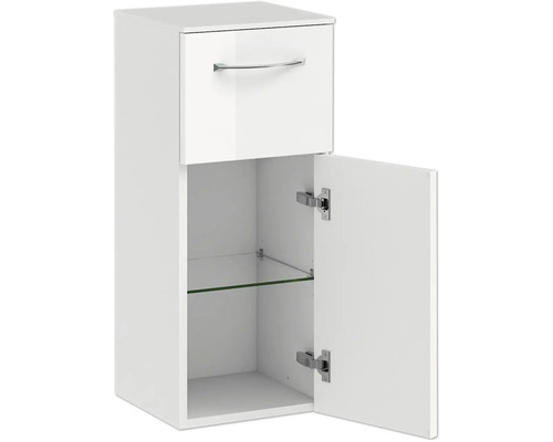 Weißer Hänge-Badschrank mit Schublade, Tür und Glasablage
