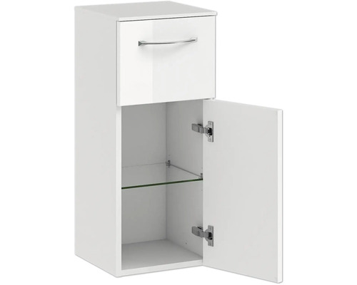 Weißer Hängeschrank mit Schublade, offener Tür und Glasboden für Badezimmer