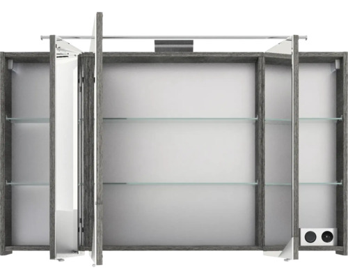 Offener Spiegelschrank mit Glasablagen und Steckdosen