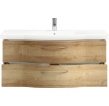 Badmöbel-Set Pelipal Sunline 114 BxHxT 182 x 200 x 51,5 cm Frontfarbe eiche riviera Badmöbelset 5-teilig und mehr mit Waschtisch Keramik weiß und Waschtischunterschrank Spiegelschrank mit LED-Beleuchtung Unterschrank Wandschrank