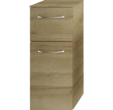 Schmaler Holzschrank mit zwei Schubladen und silberfarbenen Griffen