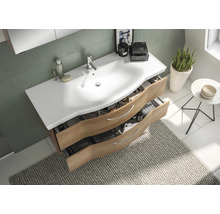Badmöbel-Set Pelipal Sunline 114 BxHxT 182 x 200 x 51,5 cm Frontfarbe eiche riviera Badmöbelset 5-teilig und mehr mit Waschtisch Keramik weiß und Waschtischunterschrank Spiegelschrank mit LED-Beleuchtung Unterschrank Wandschrank