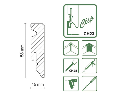 Technische Zeichnung eines Profils mit den Maßen 58 mm Höhe und 15 mm Breite sowie Montagesymbole